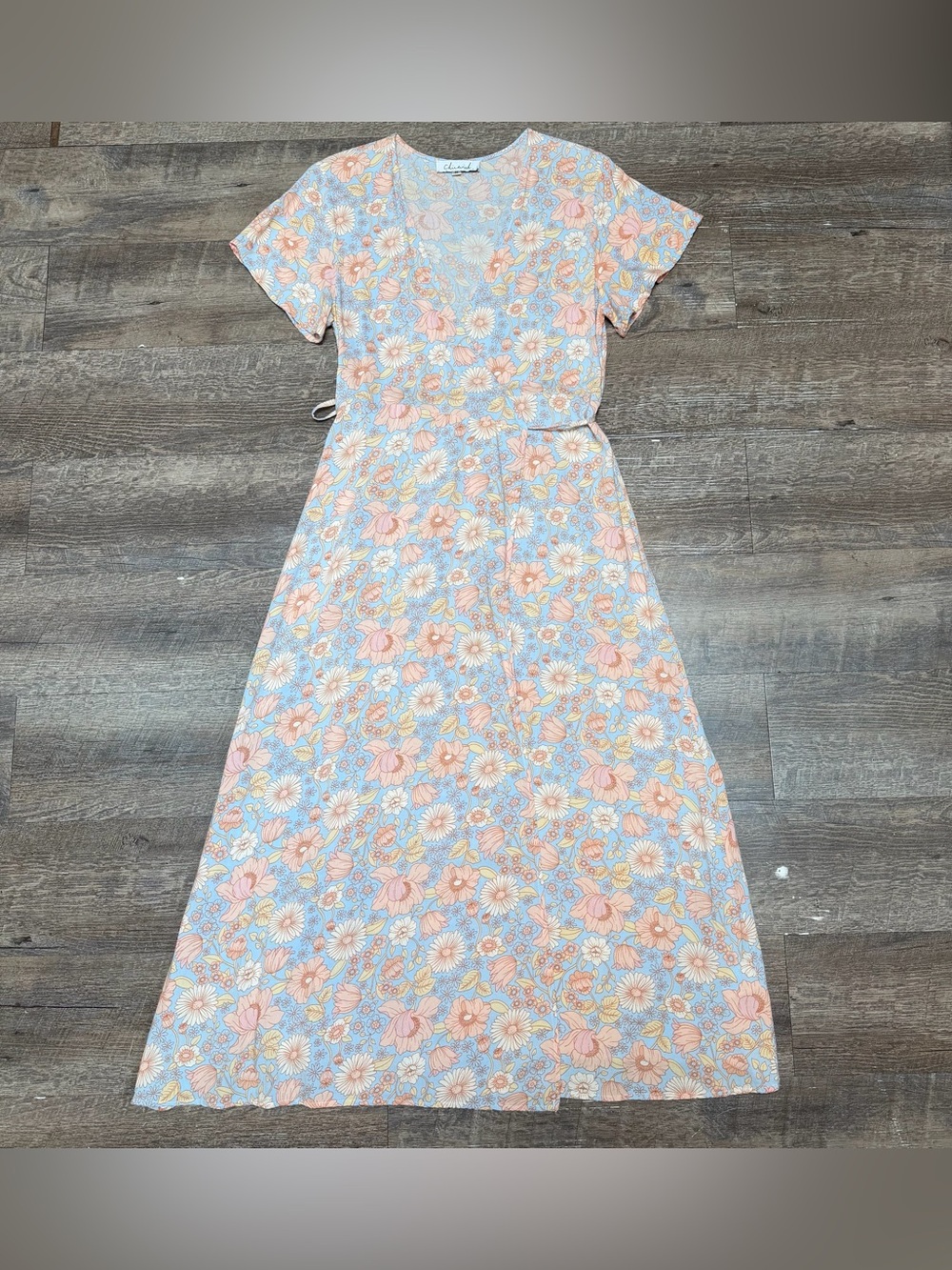 Chicwish Pastel Floral Midi Wrap Dress - Pink & Blue